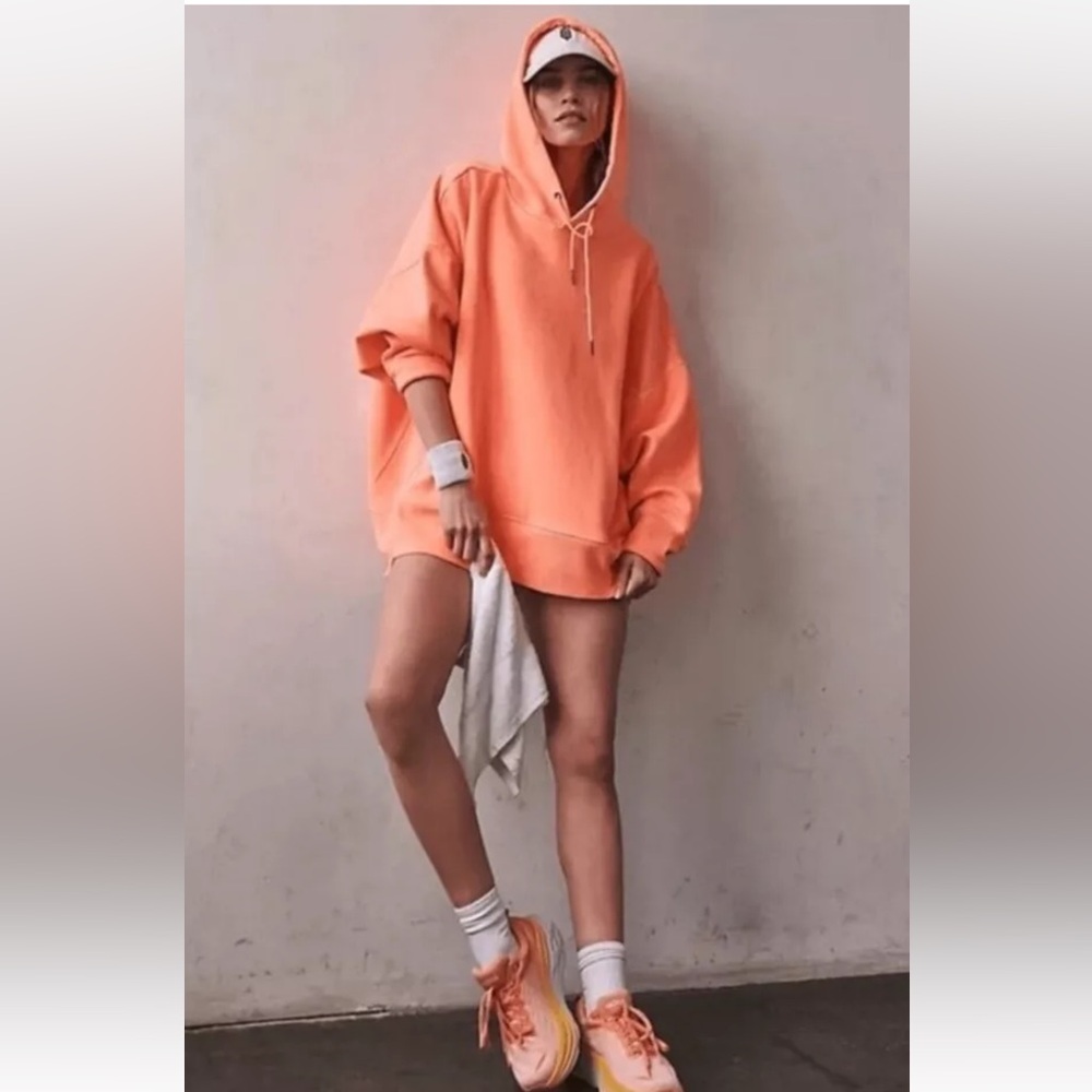 Free People Sprint To The Finish Hoodie Rib Hem Pockets Slouchy Hot Watermelon